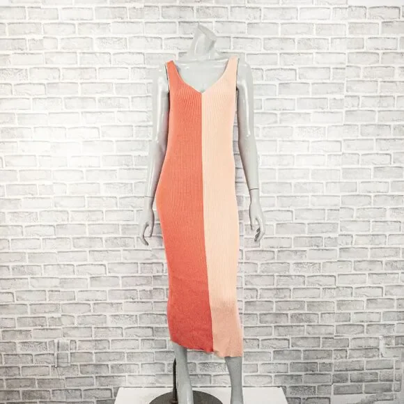 STAUD Dana Ribbed ColorBlock Mide Dress in Orange Peach Size Large - Picture 2 of 10